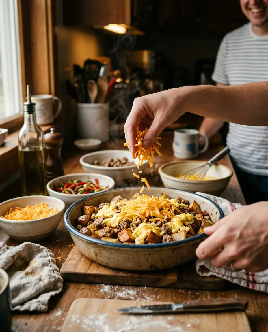 Fathers Day Brunch Ideas for a Memorable Morning Spread Hands adding cheddar to sausage, egg, and potato casserole for fathers day brunch ideas