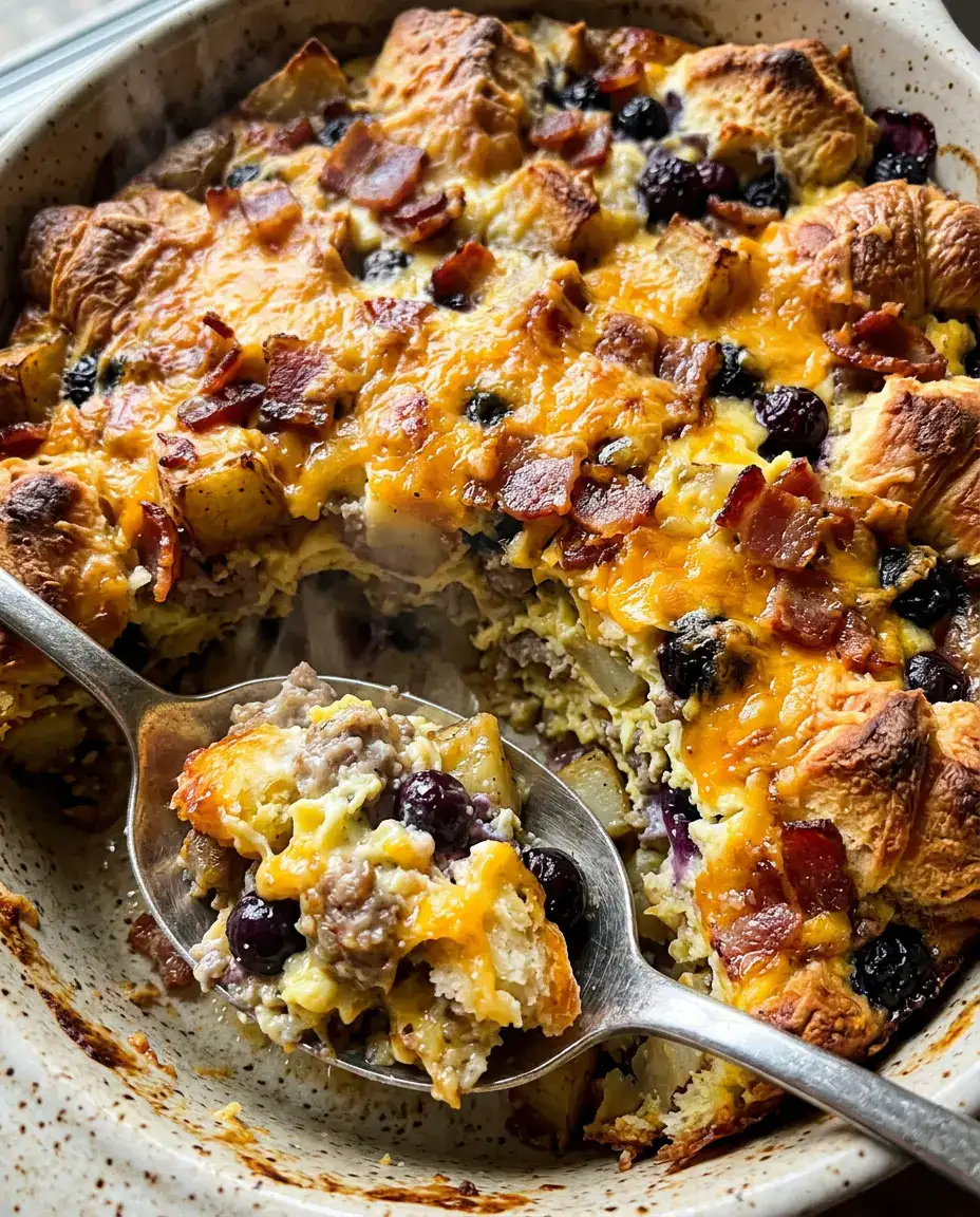 Fathers Day Brunch Ideas for a Memorable Morning Spread Spoon lifting cheesy egg, sausage, and potato casserole for fathers day brunch ideas