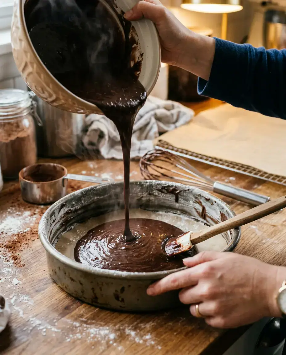 Father's Day Cake Ideas Dad Will Want Another Slice Chocolate batter poured into cake pans while making a rich Fathers Day cake in a warm kitchen