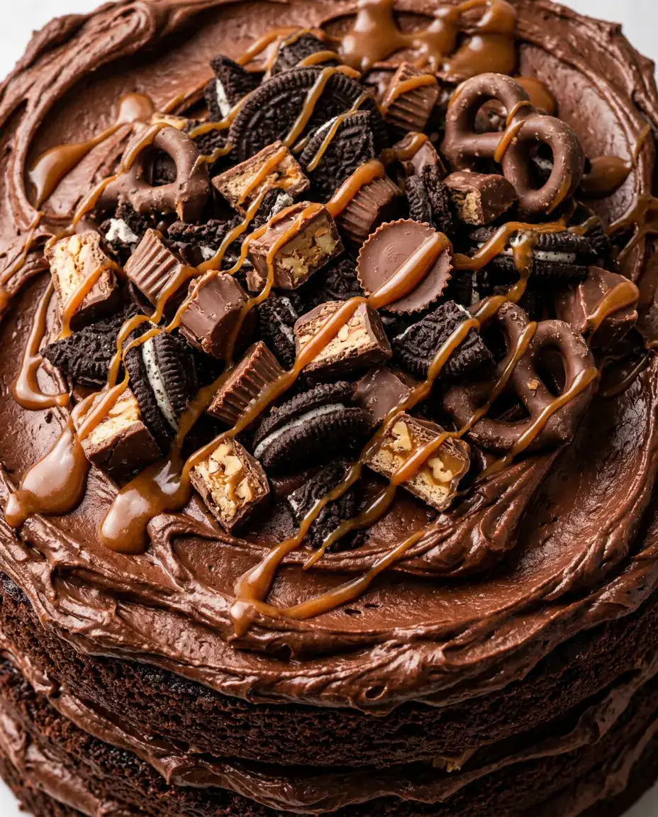 Father's Day Cake Ideas Dad Will Want Another Slice Loaded Fathers Day cake with chocolate frosting, caramel drizzle, cookies, candy bars, and pretzels
