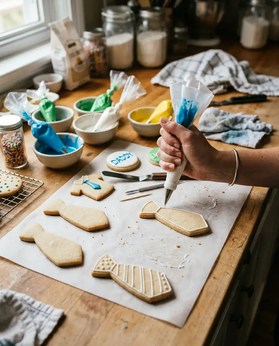 Hand decorating Father’s Day cookies with royal icing on tie-shaped sugar cookies