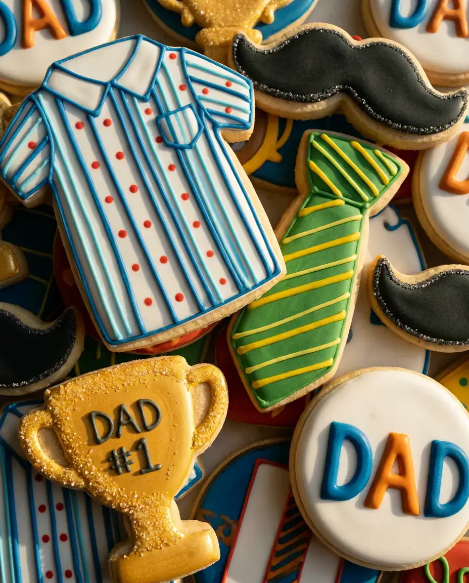 Close-up Father’s Day cookies with glossy royal icing and detailed #1 Dad decorations