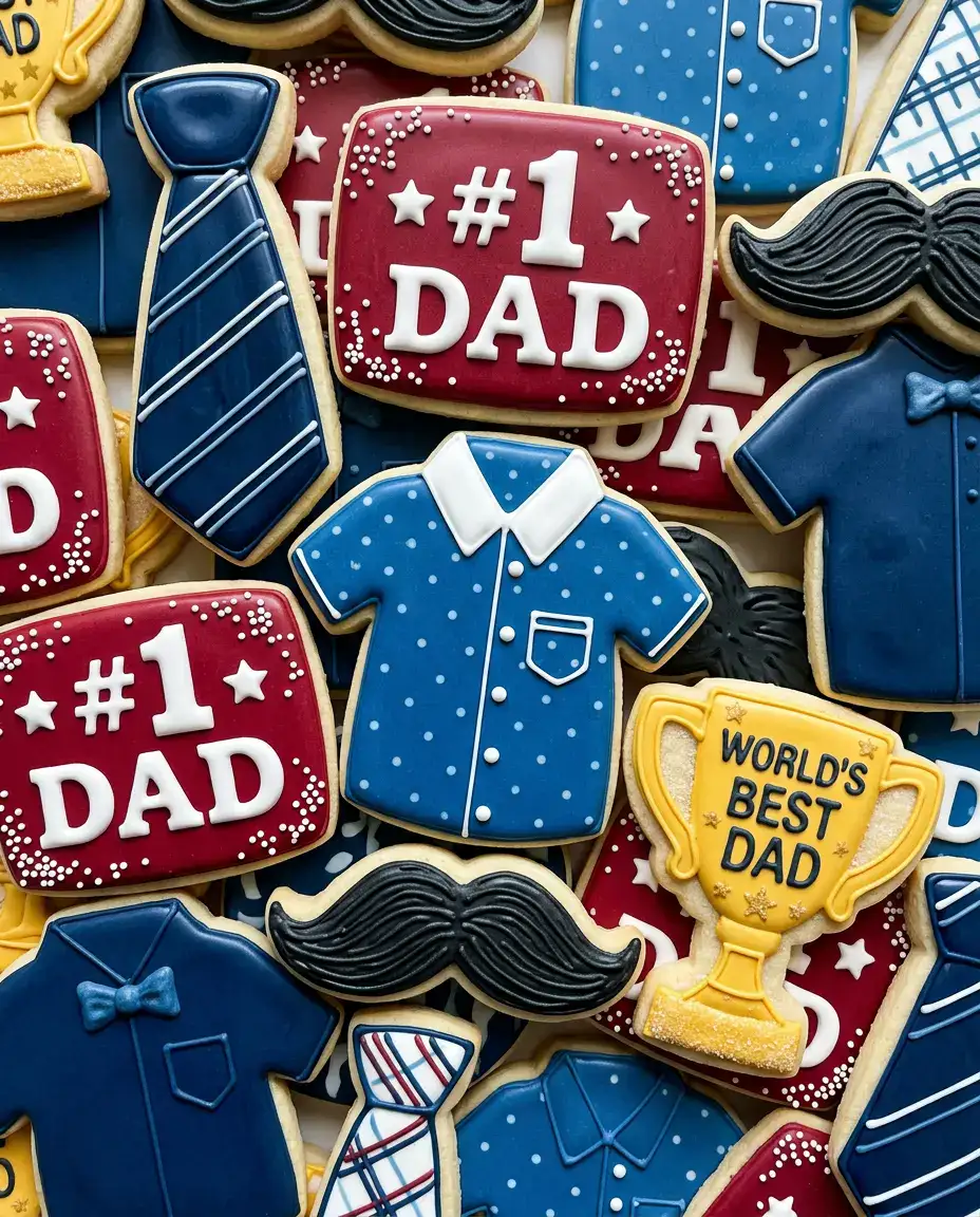Father’s Day cookies with royal icing in tie, mustache, trophy, and #1 Dad designs