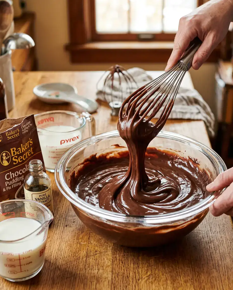 Whisk mixing glossy chocolate pudding for a creamy Father’s Day dessert trifle filling