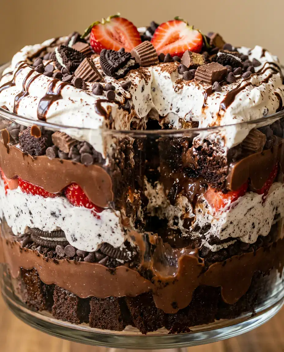 Served Father’s Day dessert brownie trifle with visible chocolate pudding and brownie layers