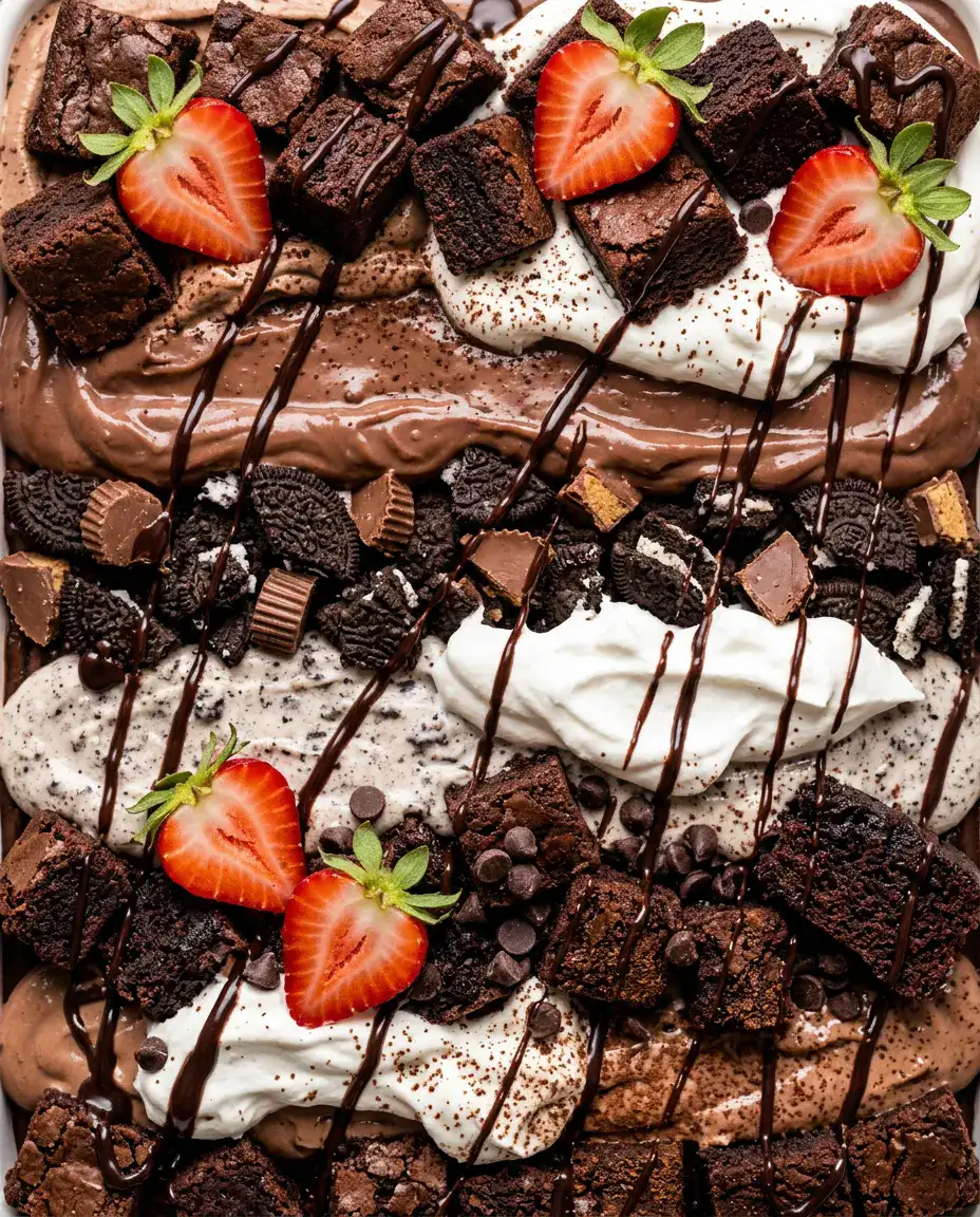Overhead view of a Father’s Day dessert brownie trifle with chocolate pudding, whipped topping, and cookies