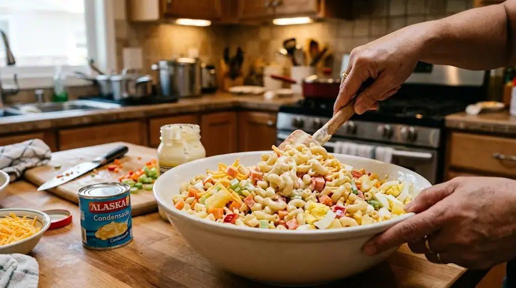 Hands mixing Filipino macaroni salad with macaroni, vegetables, pineapple, cheese, and eggs in bowl