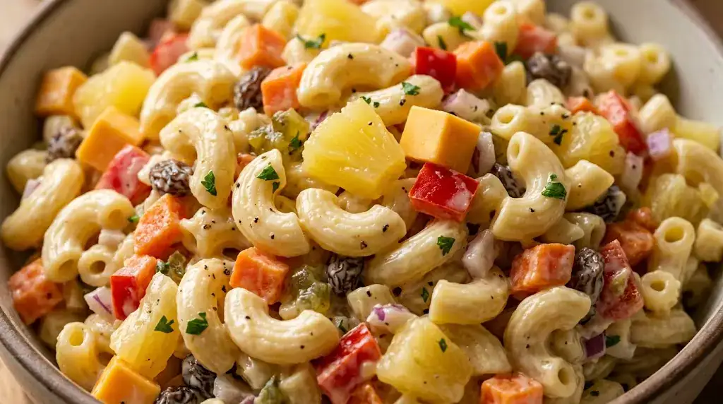 Close-up of Filipino macaroni salad with creamy macaroni, vegetables, pineapple, cheese, and eggs