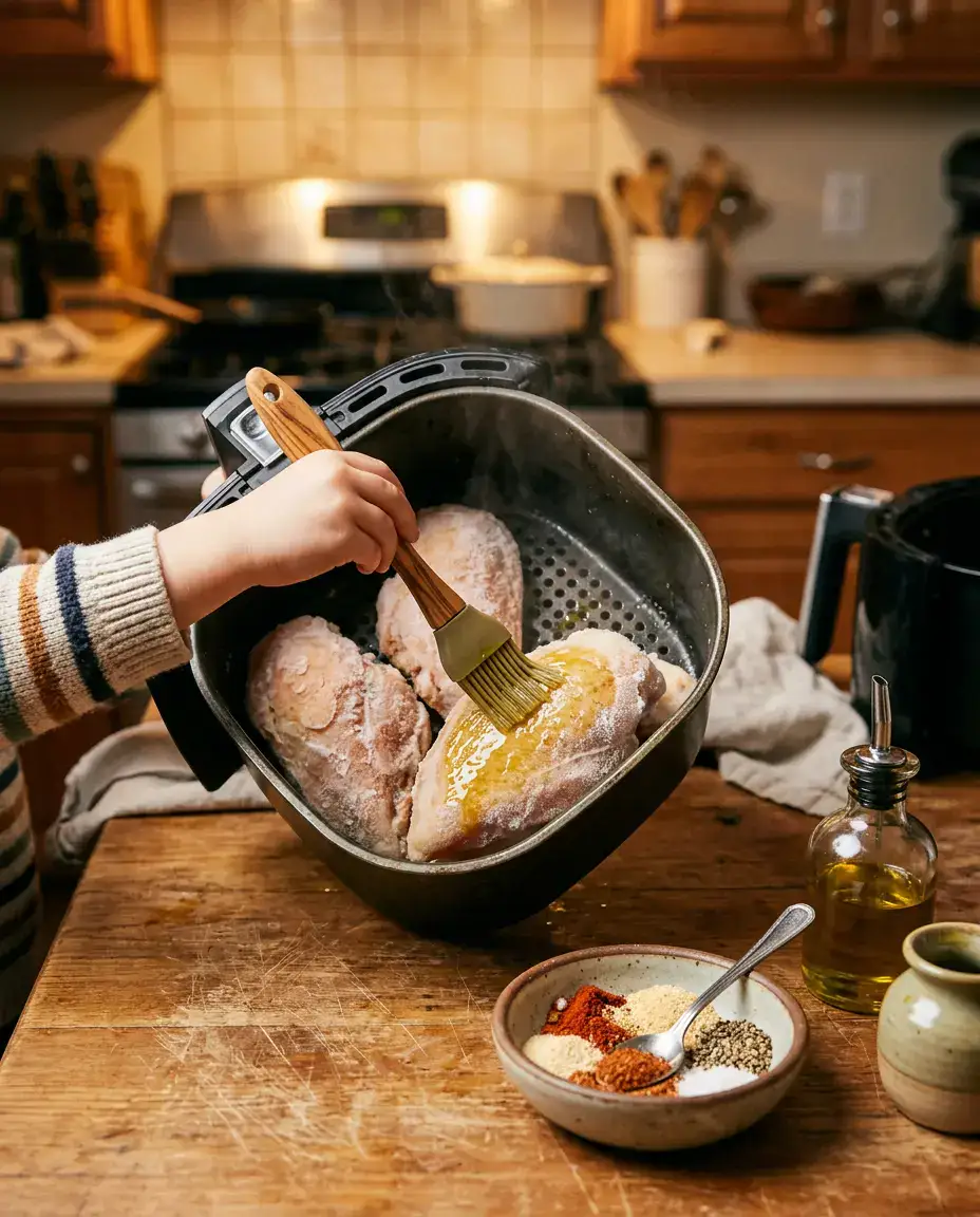 Frozen Chicken Breast Air Fryer for Juicy Dinners Frozen chicken breast air fryer prep with oil brushed onto seasoned chicken in basket.
