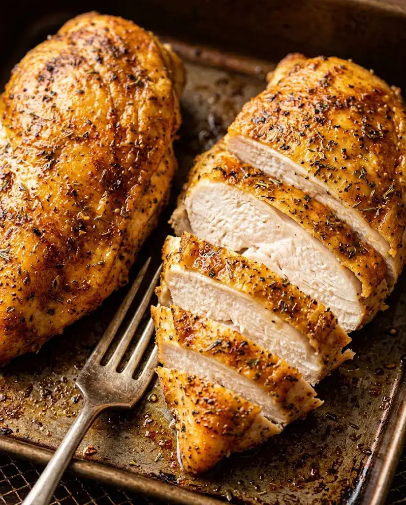 Frozen Chicken Breast Air Fryer for Juicy Dinners Sliced frozen chicken breast air fryer chicken showing juicy interior and crisp golden crust.
