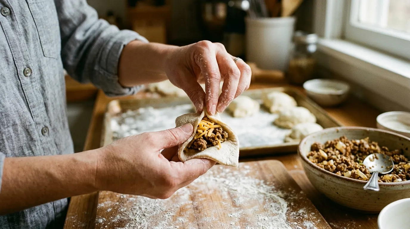 Hands pressing dough to seal seasoned beef and cheddar garlic parmesan cheeseburger bombs, blurred dough balls in background.