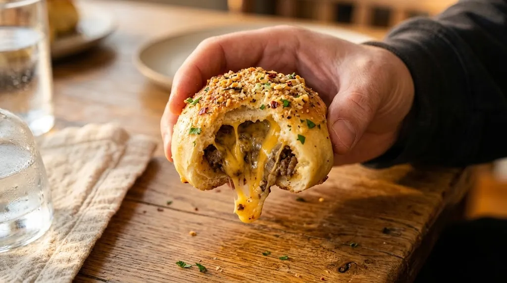 Hand holding bitten garlic parmesan cheeseburger bomb showing gooey melted cheddar and beef, golden crust, golden-hour light.