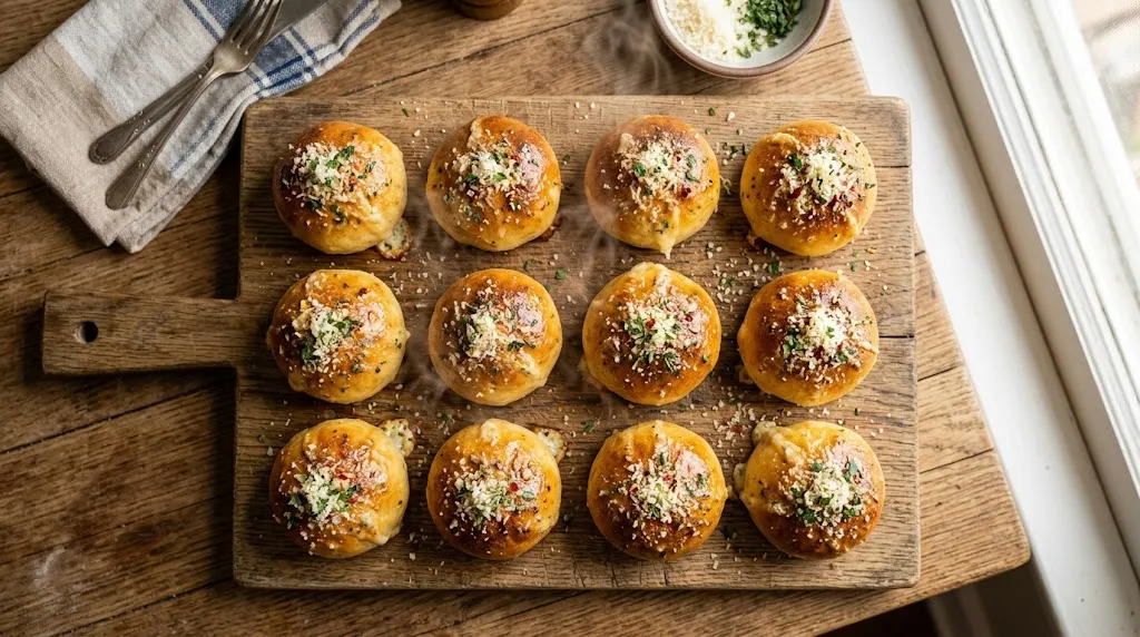 Top-down view of golden-brown garlic parmesan cheeseburger bombs brushed with garlic butter, Parmesan, and parsley, steaming.