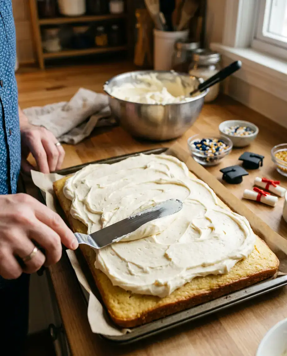 Graduation Cake Ideas to Impress Guests at Any Celebration Graduation cake being frosted with buttercream using an offset spatula during decorating