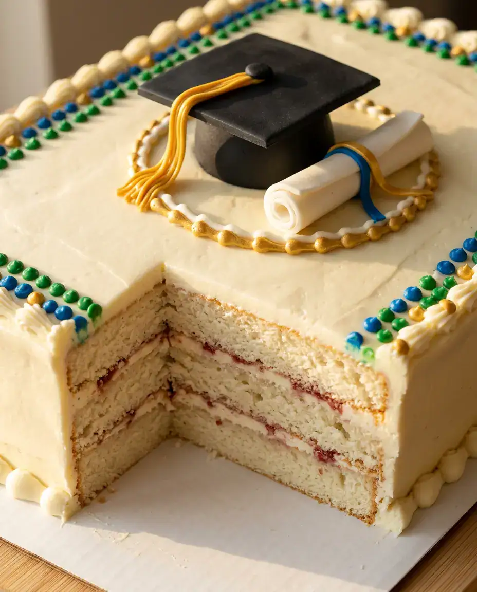 Graduation Cake Ideas to Impress Guests at Any Celebration Graduation cake with a cut slice showing moist crumb, buttercream frosting, and graduation decorations