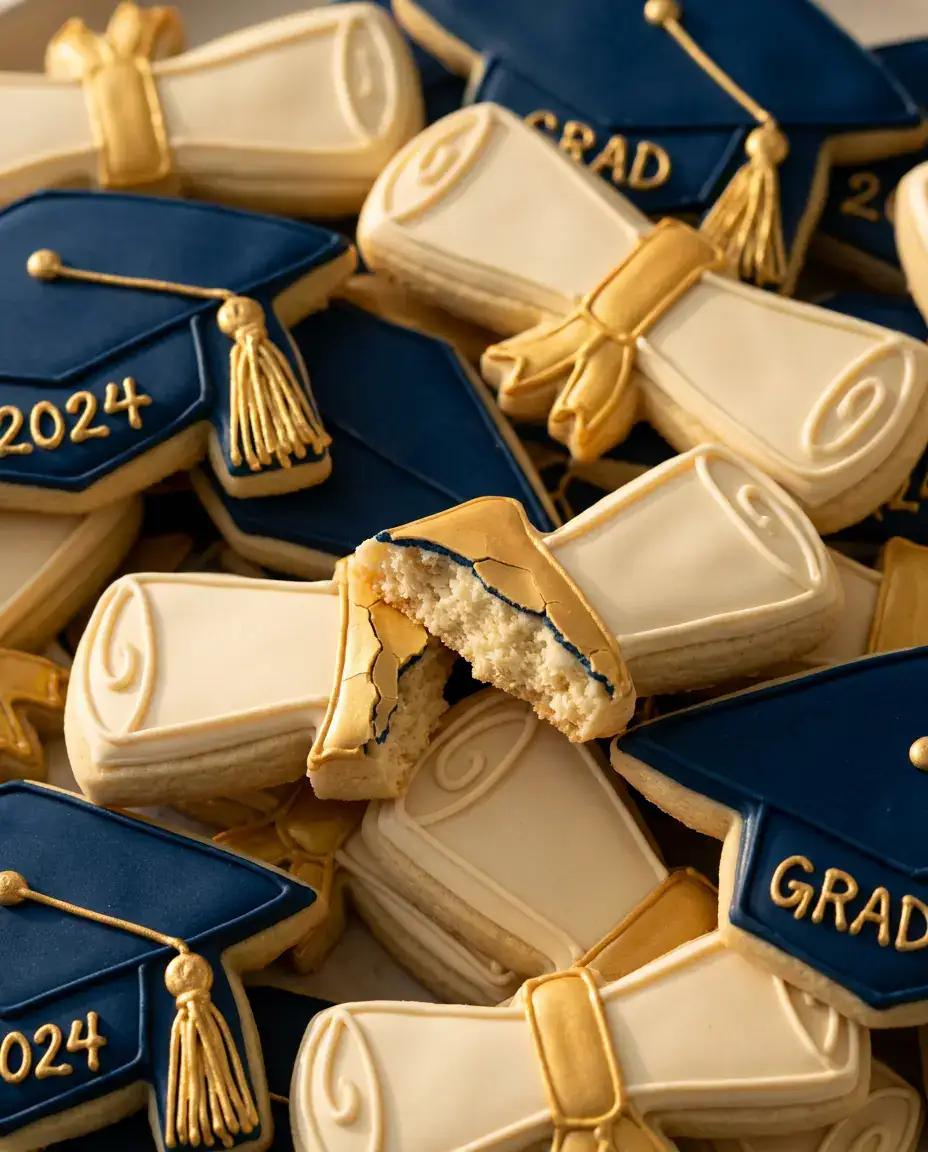 Graduation cookies with glossy icing, diploma and cap shapes, and a soft cookie interior visible.