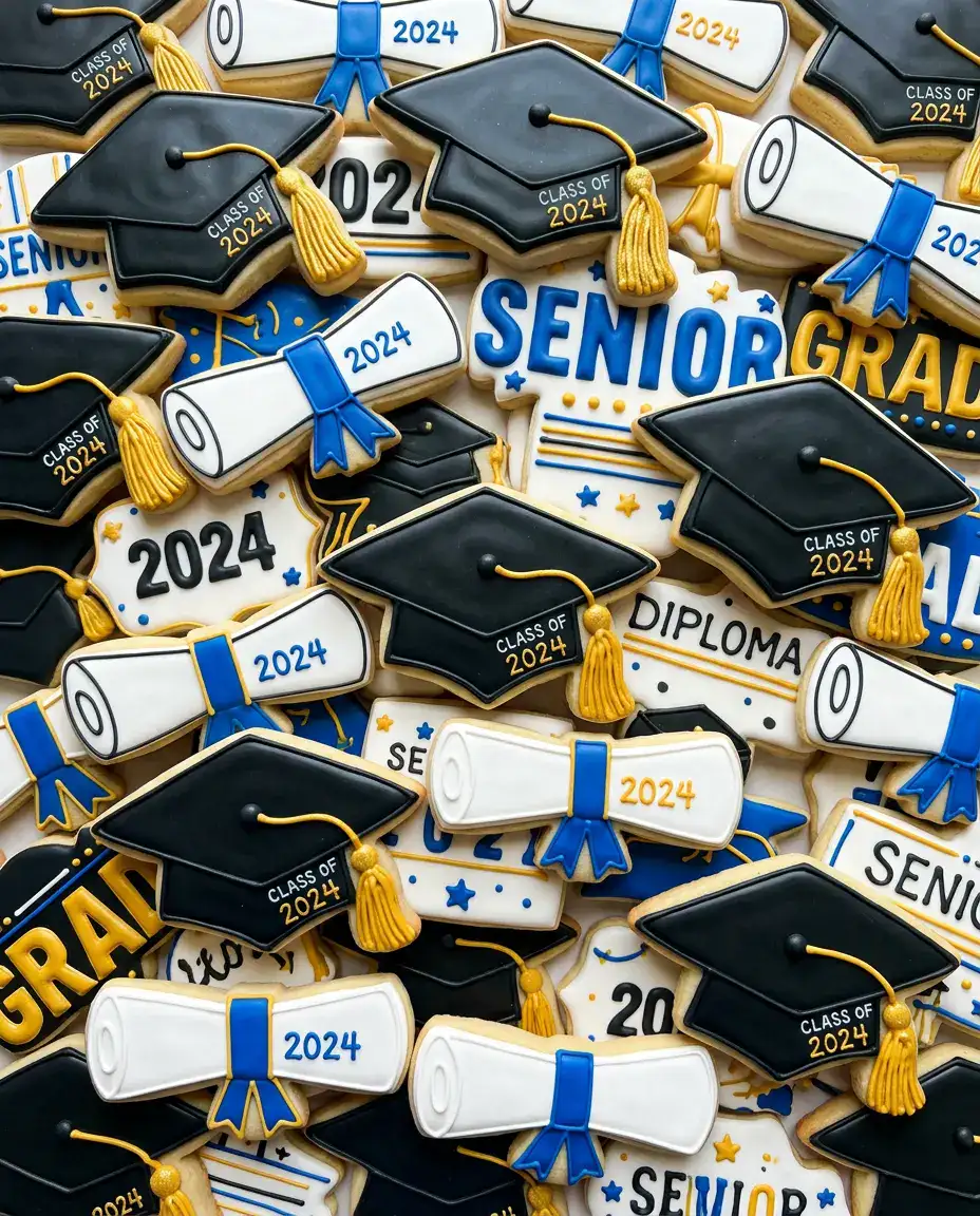 Close-up of graduation cookies with glossy royal icing, gold tassels, and detailed cap and diploma designs.