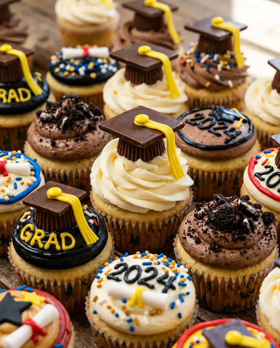 Graduation Cupcakes That Impress at Any Graduation Party Fresh graduation cupcakes ready to serve with buttercream frosting, chocolate caps, and yellow tassels