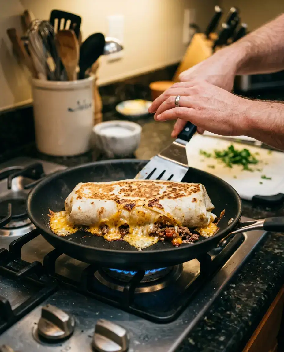 Grilled cheese burrito cooking in skillet with cheese bubbling and spatula pressing tortilla