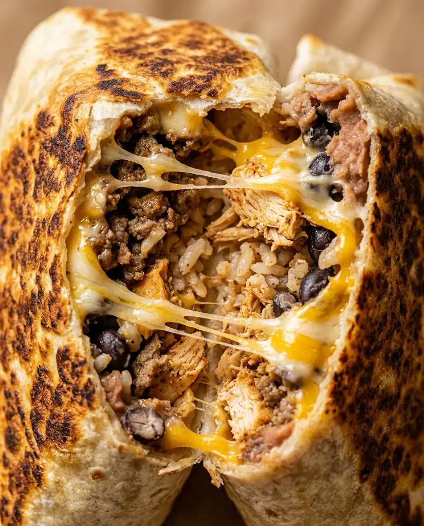 Grilled cheese burrito with a bite taken showing melted cheddar and golden tortilla