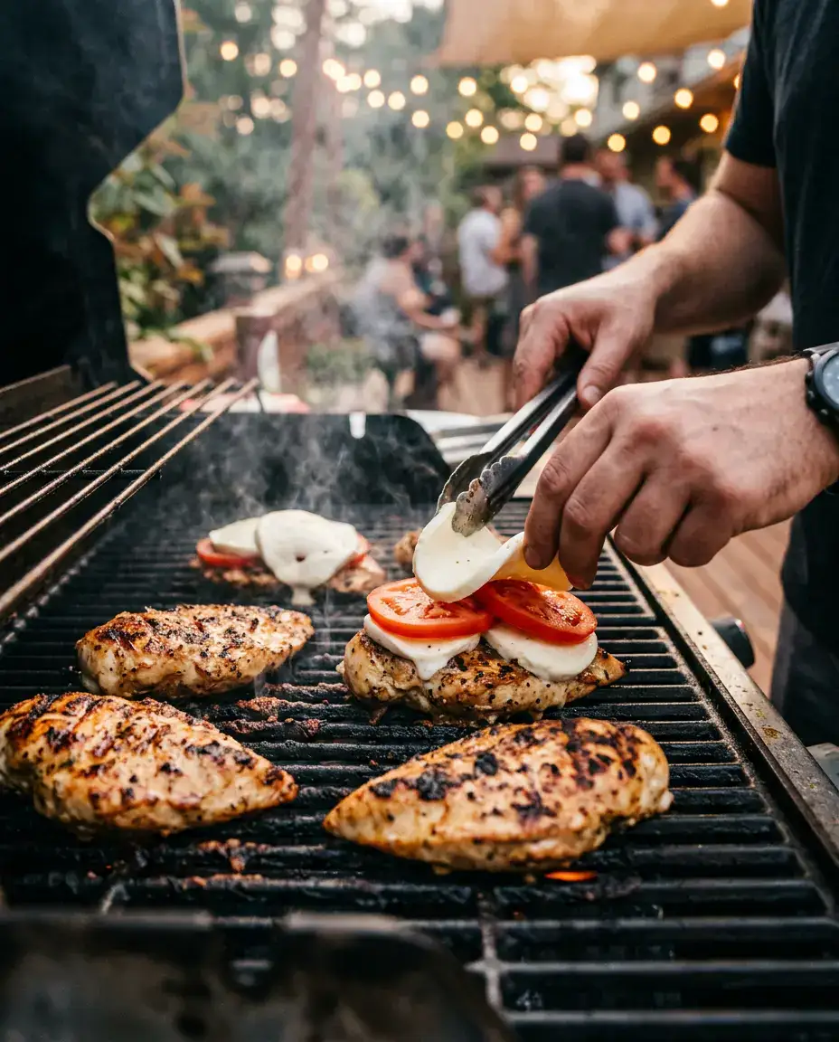 Grilled Chicken Margherita with Fresh Mozzarella (Easy) Hands layering tomatoes and mozzarella on grilled chicken margherita over sizzling grill