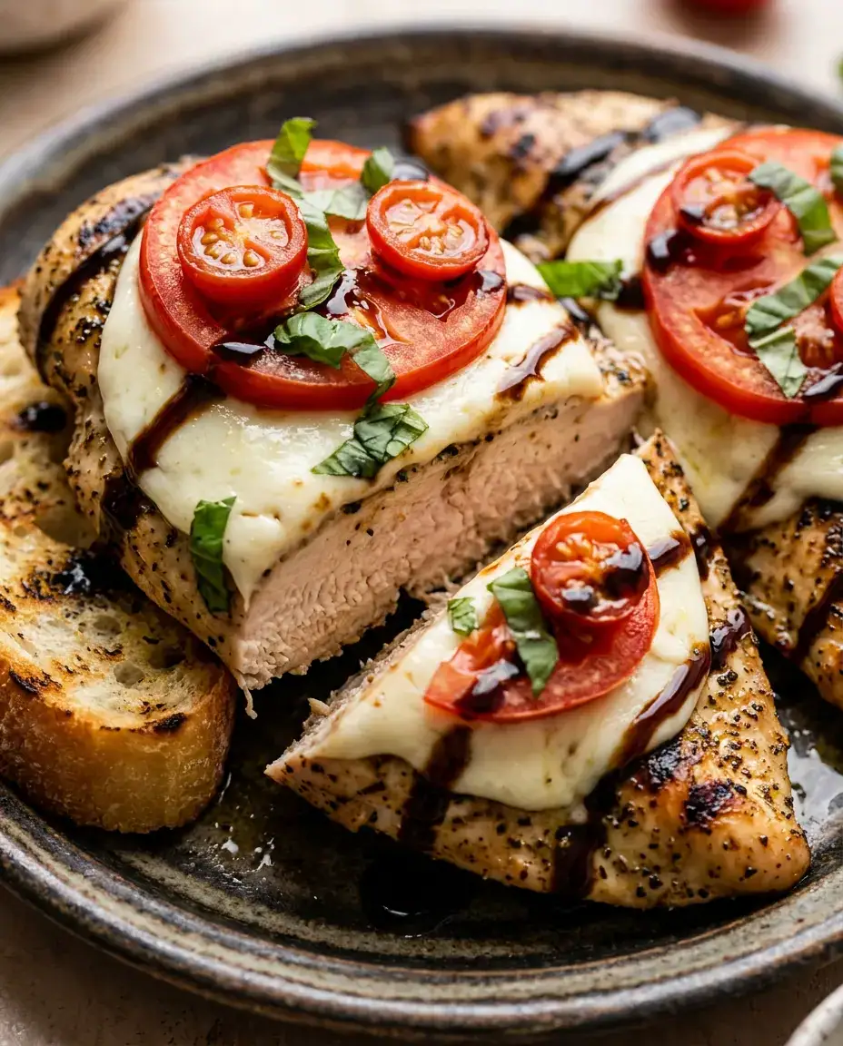 Grilled Chicken Margherita with Fresh Mozzarella (Easy) Close-up of sliced grilled chicken margherita with melted cheese, tomatoes, basil, and balsamic glaze