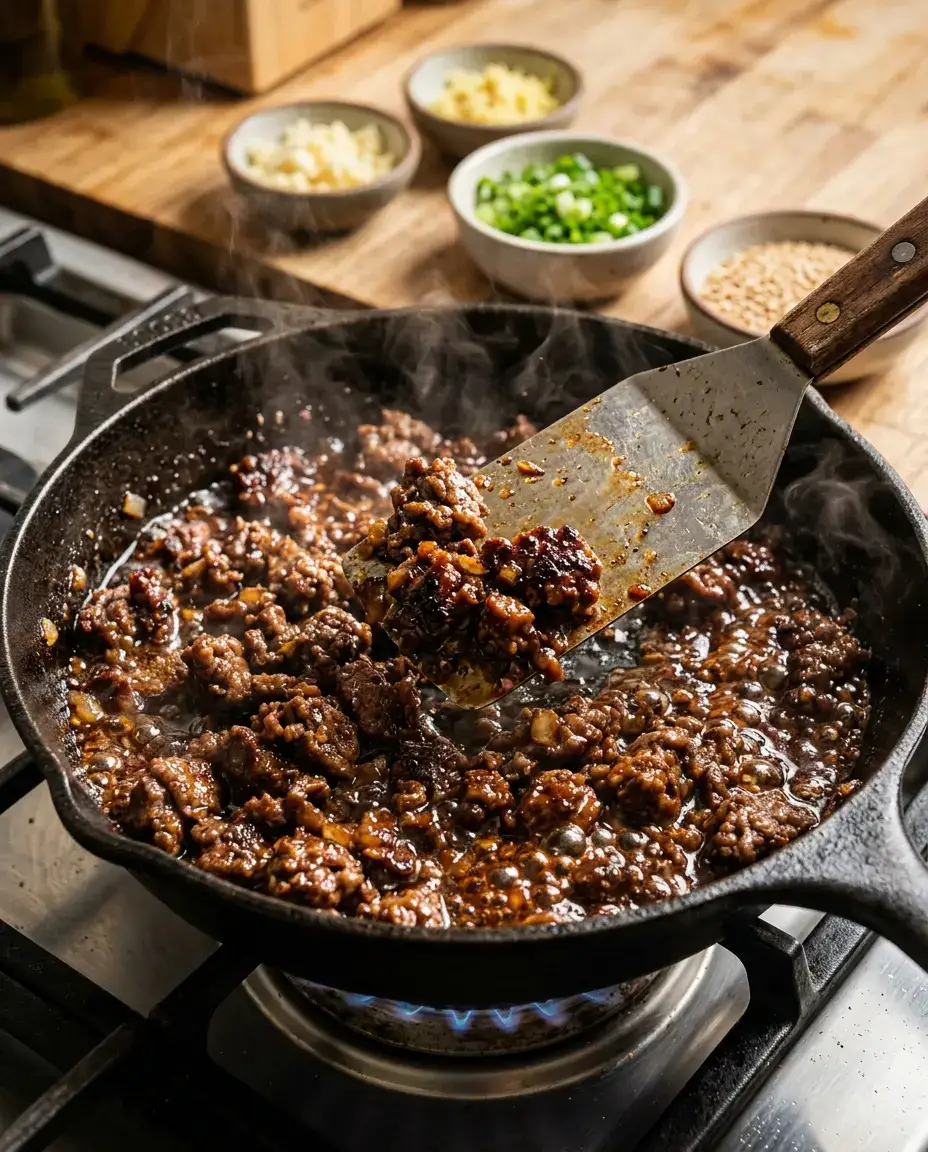 Ground Beef Bulgogi for Quick Korean Bowls Ground beef bulgogi sizzling in skillet with spatula breaking apart, garlic and green onions blurred behind