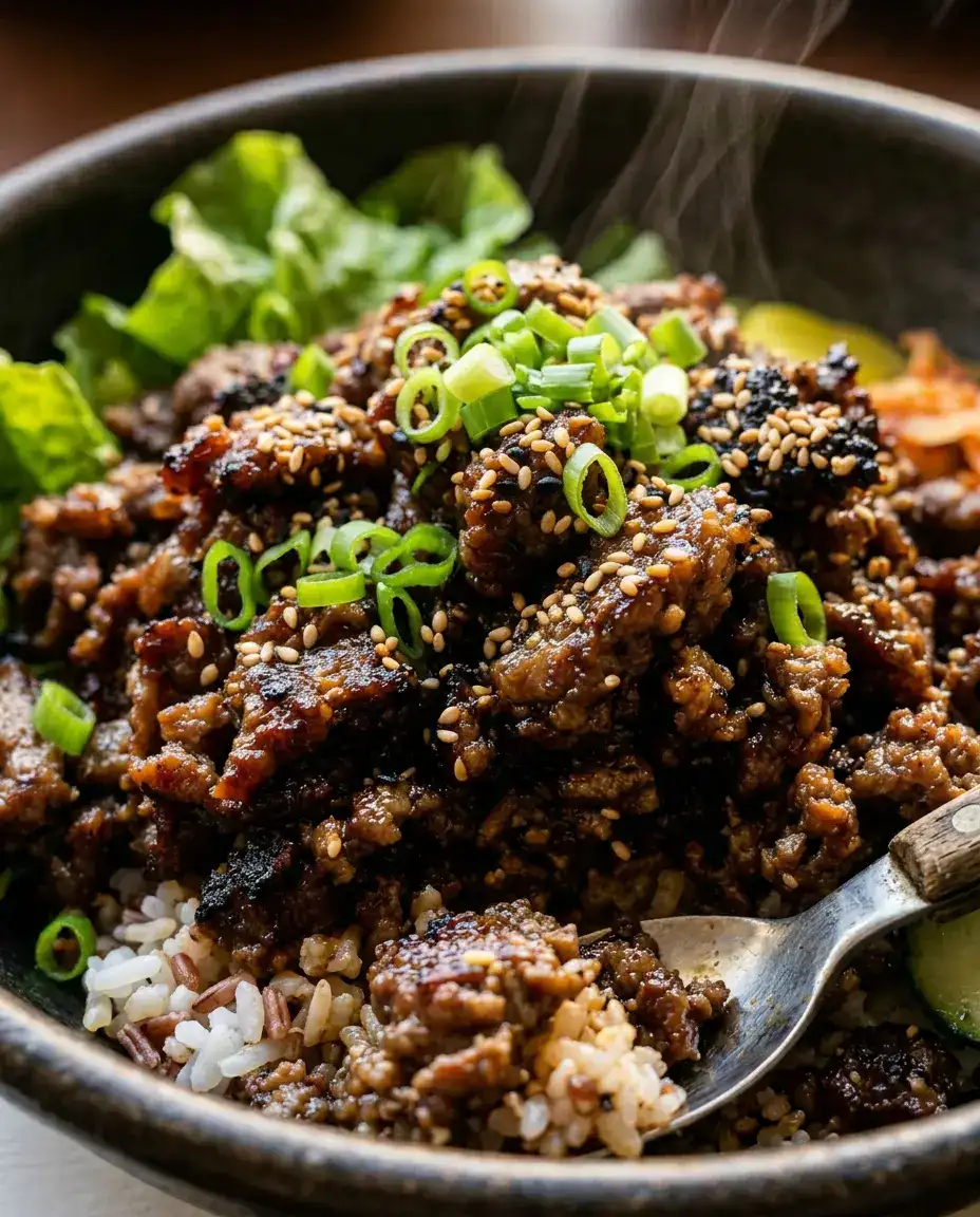 Ground Beef Bulgogi for Quick Korean Bowls Ground beef bulgogi served over rice with green onions and sesame seeds, steam rising in warm light
