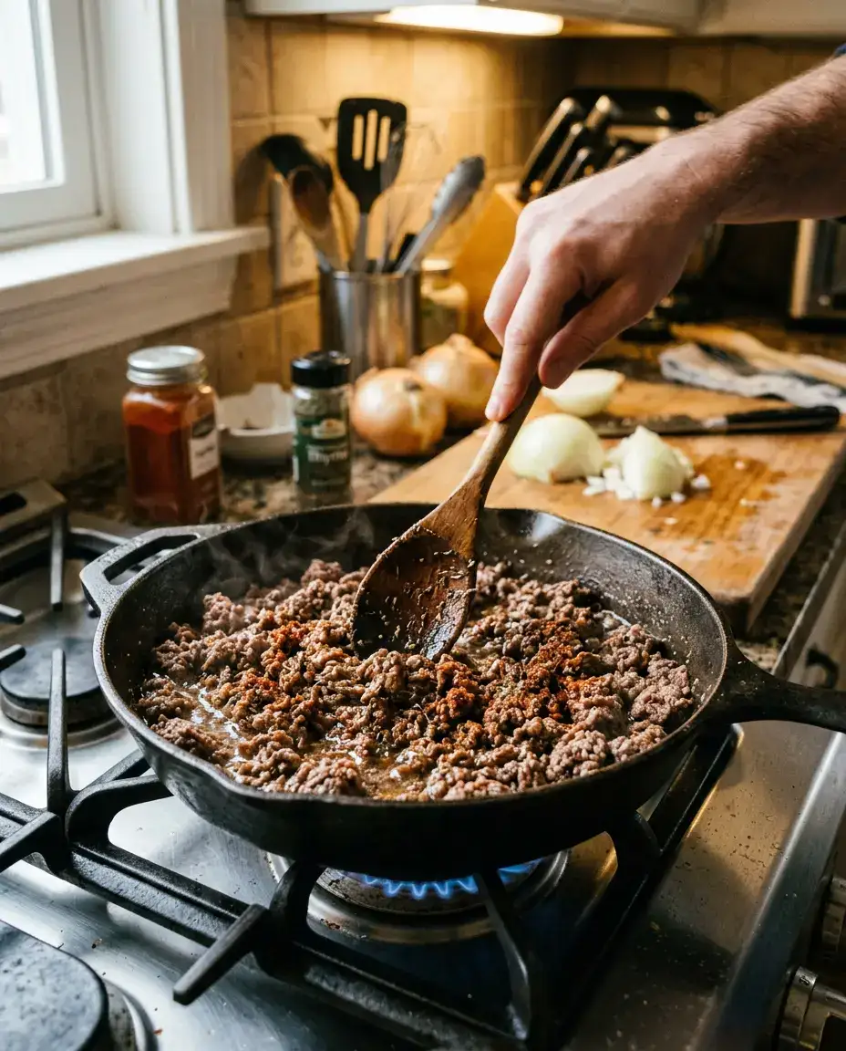 Skillet with ground beef cooking for hamburger potato casserole, wooden spoon stirring