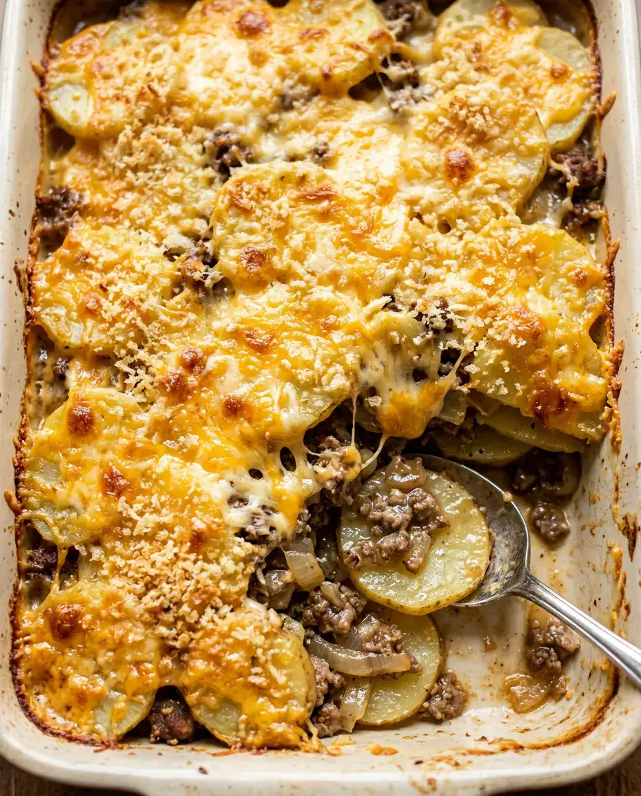 Close-up of hamburger potato casserole with a corner scooped, showing layers of potato and beef