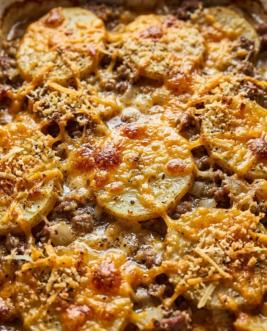 Close-up of golden hamburger potato casserole with melted cheese and potato layers