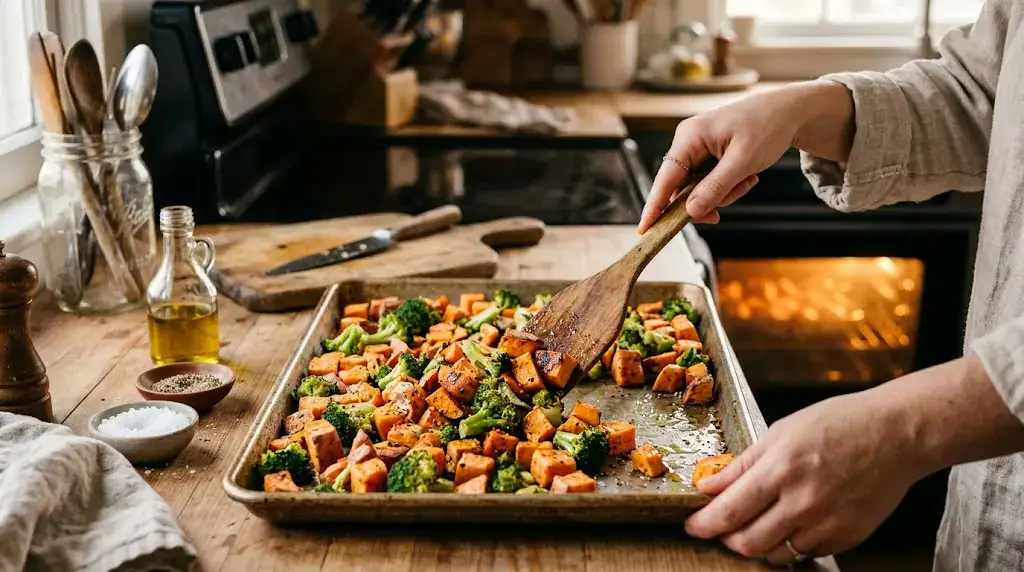 High Protein Lunch Meal Prep: Roasted Chicken Bowls Sheet pan with sweet potatoes and broccoli being tossed for high protein lunch meal prep