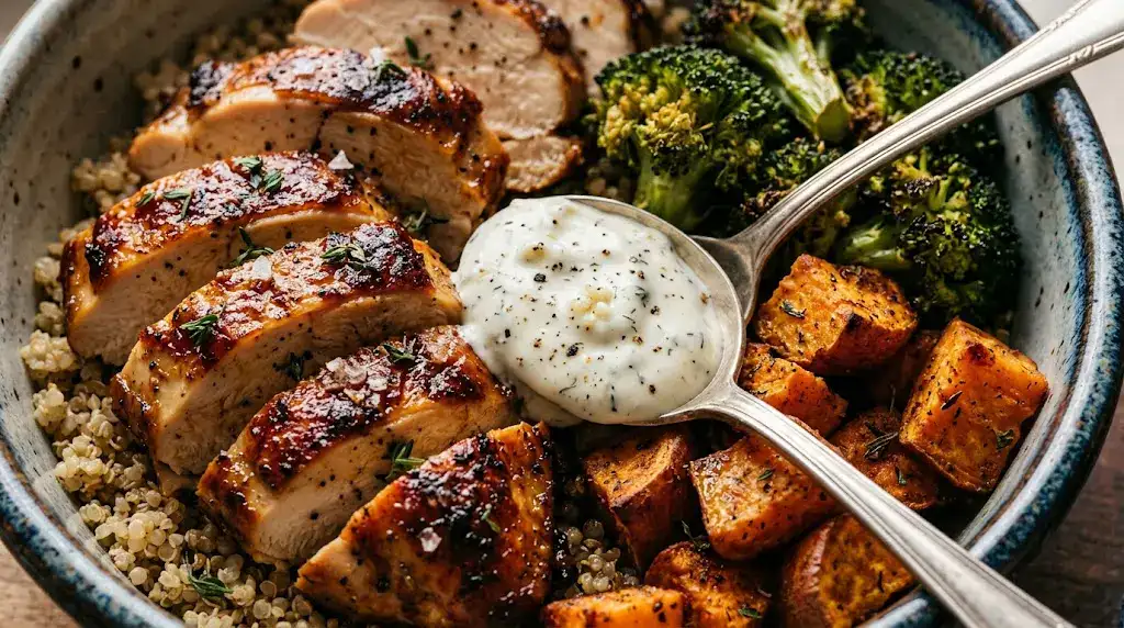 High Protein Lunch Meal Prep: Roasted Chicken Bowls Close-up of high protein lunch meal prep with chicken, sweet potatoes, broccoli, and a spoonful of sauce