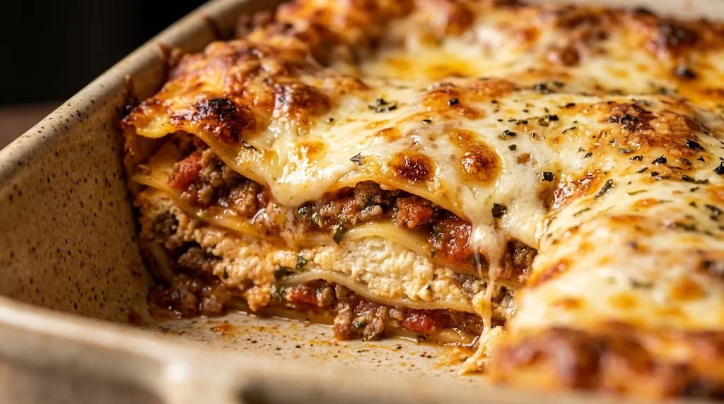 Homemade Lasagna Recipe With Rich Layers of Flavor Close-up of served homemade lasagna recipe slice showing layers of pasta, ricotta, and meat sauce.