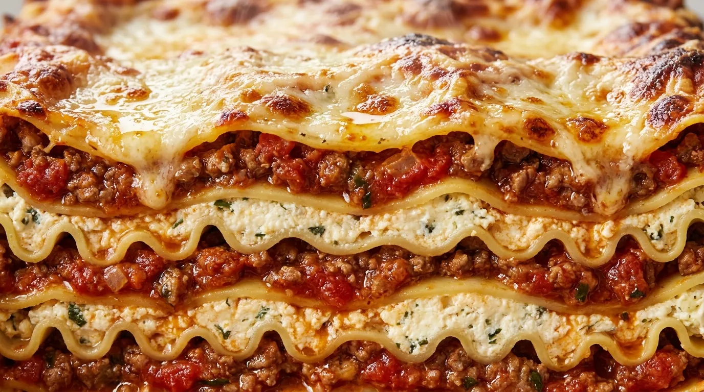 Homemade Lasagna Recipe With Rich Layers of Flavor Close-up of homemade lasagna recipe with bubbling cheese and layered pasta and meat sauce.
