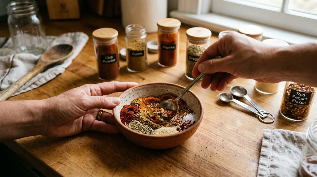 Homemade Taco Seasoning to Boost Flavor Fast Hands mixing chili, cumin, paprika, and herbs to create homemade taco seasoning
