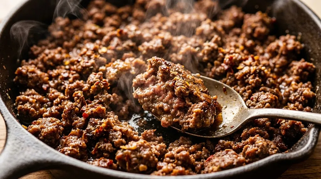 Homemade Taco Seasoning to Boost Flavor Fast Close-up of tender ground beef with homemade taco seasoning ready to serve