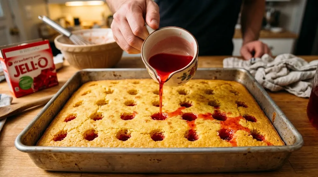 Jello Poke Cake For Parties — Fun, Colorful Treat Pouring red gelatin into holes of a cake for jello poke cake preparation.