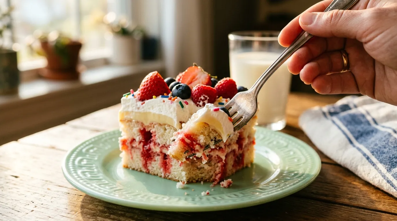 Jello Poke Cake For Parties — Fun, Colorful Treat Fork cutting into a slice of jello poke cake on a pastel plate with milk in background.