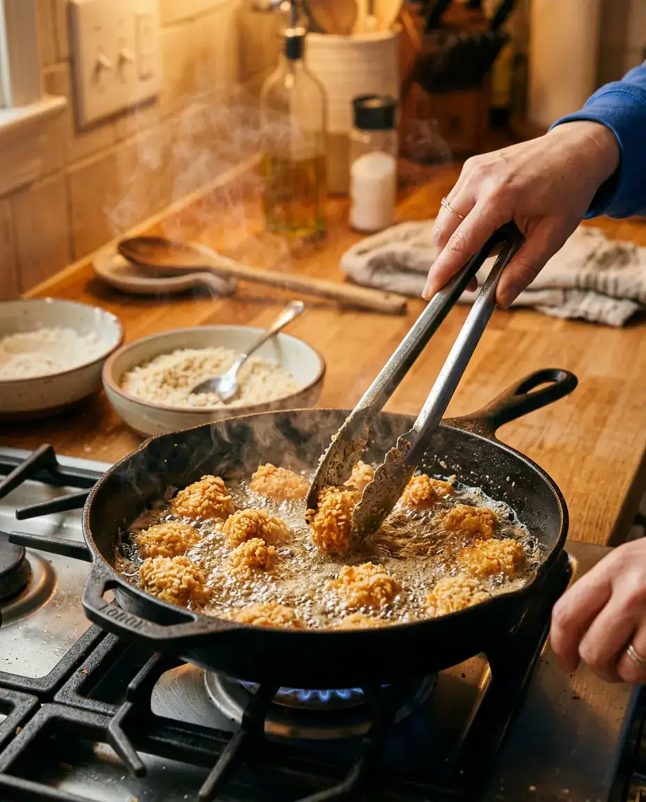 Golden popcorn chicken frying in a skillet for KFC bowls with tongs and breadcrumbs nearby