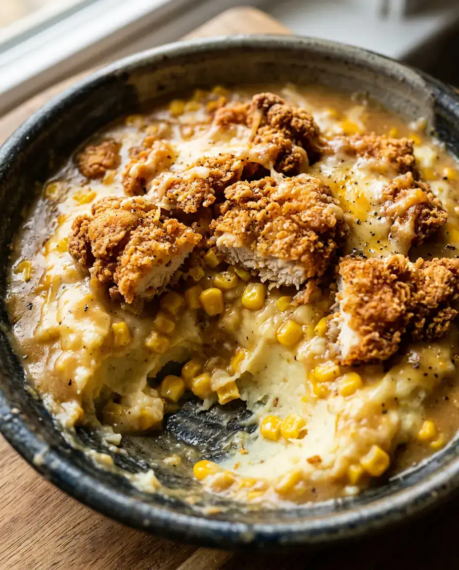 Close-up of a KFC bowl showing mashed potatoes, crispy chicken, corn, and cheesy gravy ready to eat