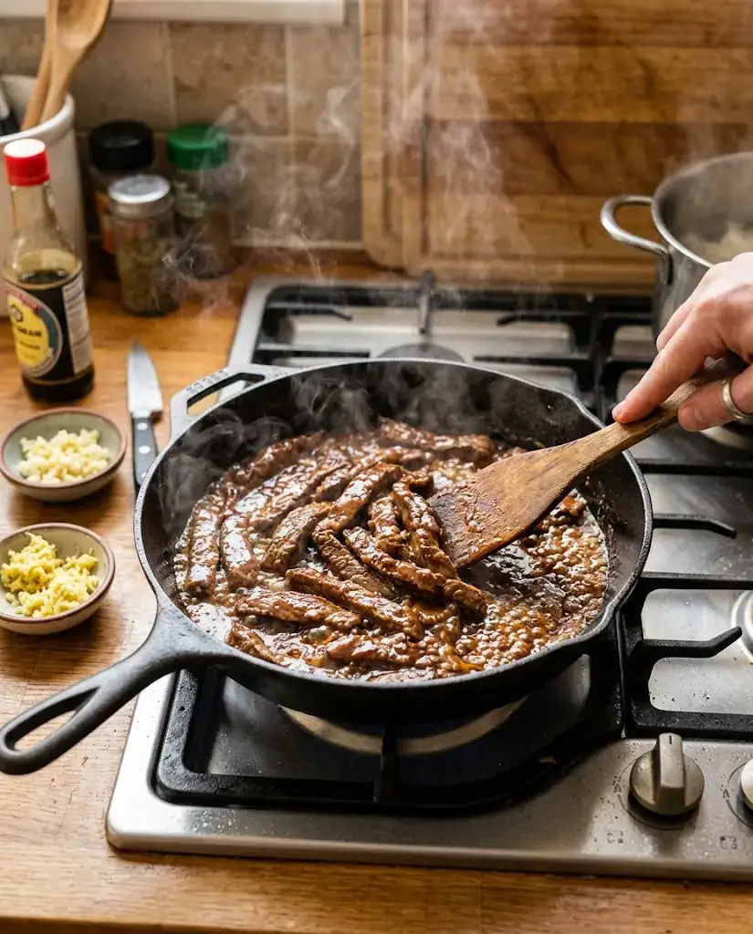 Beef cooking in a skillet for mongolian beef noodles with garlic, ginger, and glossy sauce.