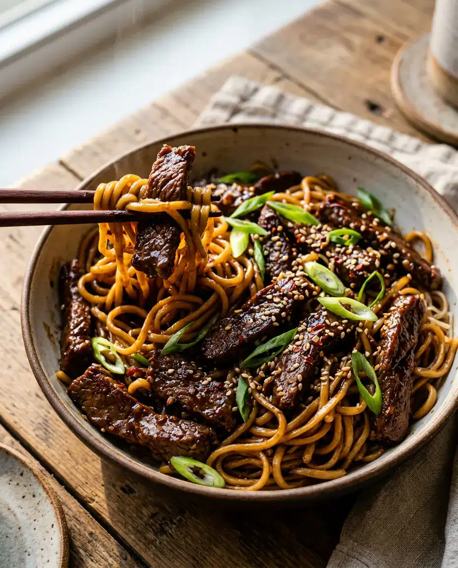 Lifted mongolian beef noodles with tender beef, glossy sauce, sesame seeds, and green onions.