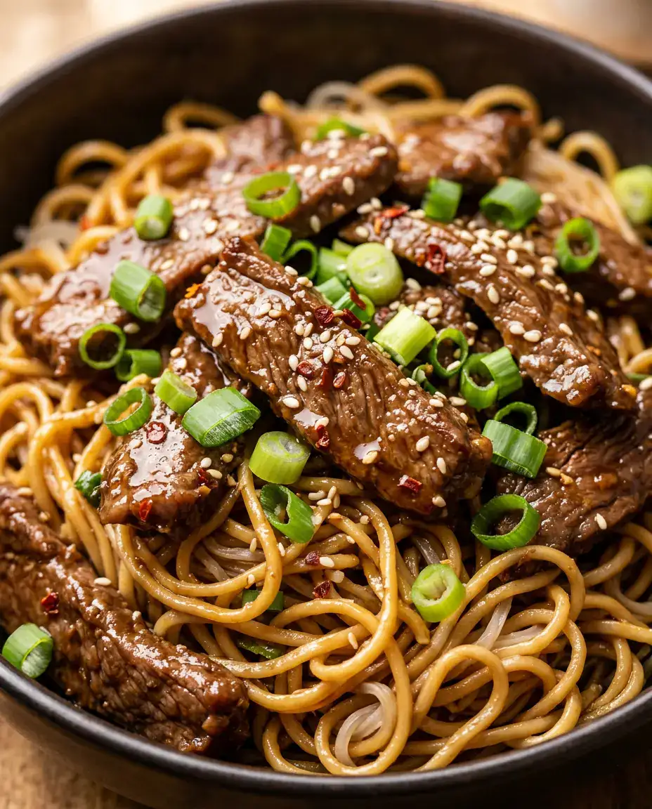 Close-up of mongolian beef noodles with glossy beef, egg noodles, sesame seeds, and green onions.