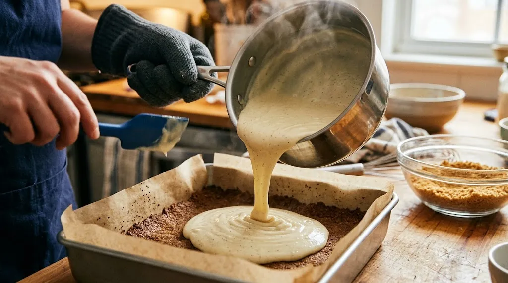 No Bake Boston Cream Pie Bars In One Pan Hand pouring vanilla custard onto graham crust for no bake boston cream pie bars.