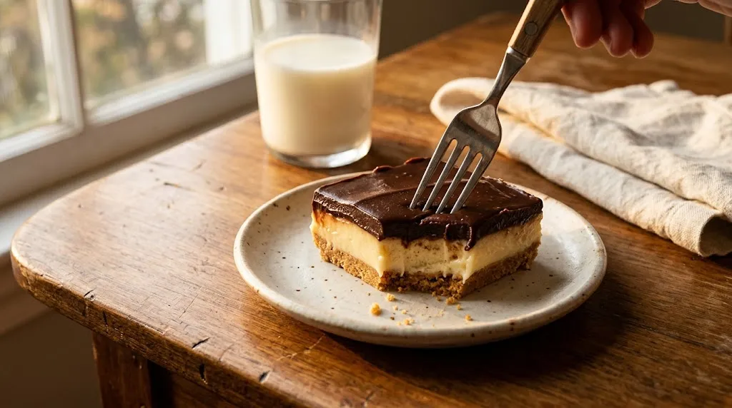 No Bake Boston Cream Pie Bars In One Pan Fork lifting no bake boston cream pie bar with a bite showing custard and crust.