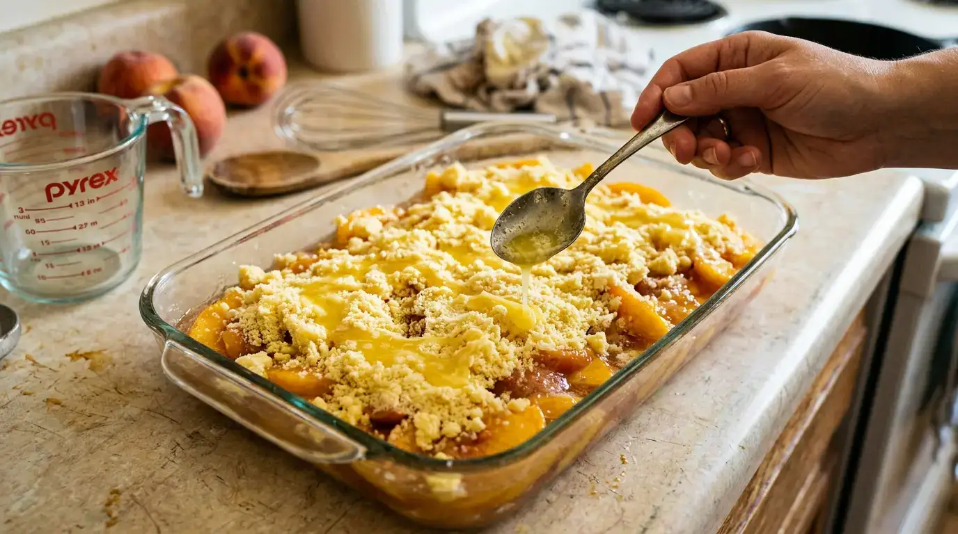 Peach Cobbler With Cake Mix for Sweet Comfort (Easy) Process shot of peach cobbler with cake mix being prepared with peaches and butter