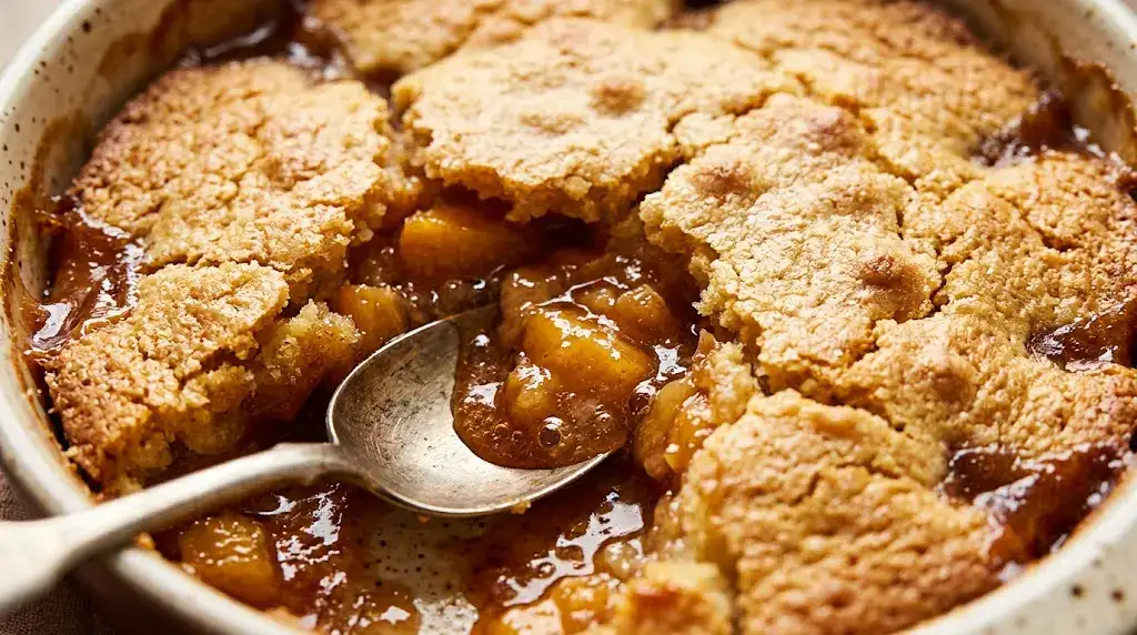 Peach Cobbler With Cake Mix for Sweet Comfort (Easy) Close-up of ready-to-serve peach cobbler with cake mix showing bubbling peaches and golden top