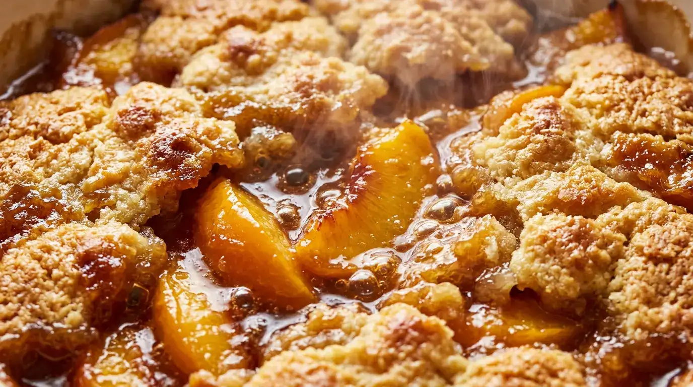 Peach Cobbler With Cake Mix for Sweet Comfort (Easy) Close-up of peach cobbler with cake mix showing golden topping and juicy peaches