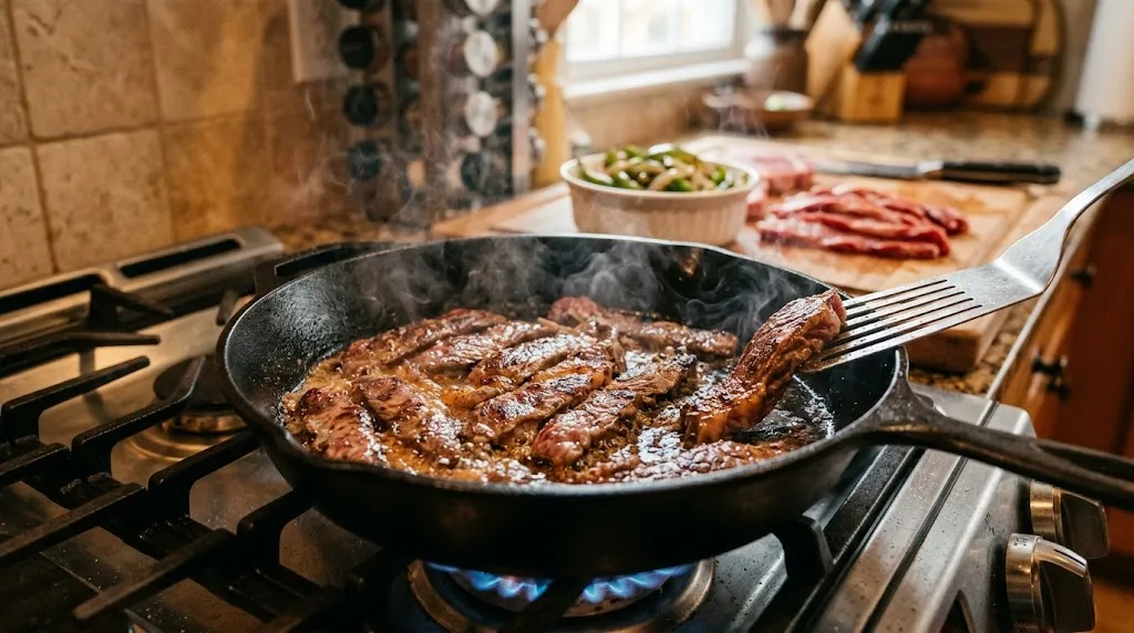 Philly Steak Pizza Loaded With Melty Cheese Sizzling ribeye strips in cast-iron skillet for Philly steak pizza, steam rising.